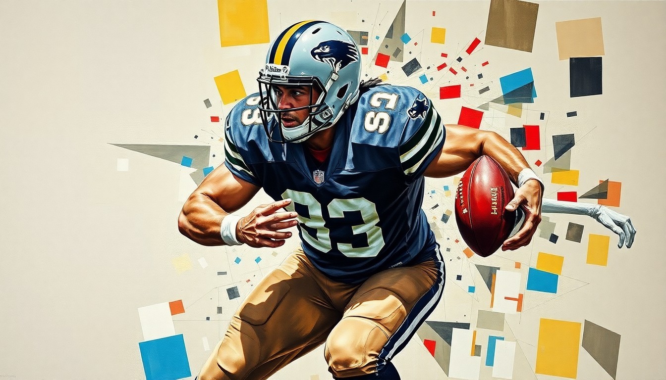 A fragmented, geometric painting depicting the dynamic movements of a football linebacker, with sharp planes of color and form abstracting the player's body and action.