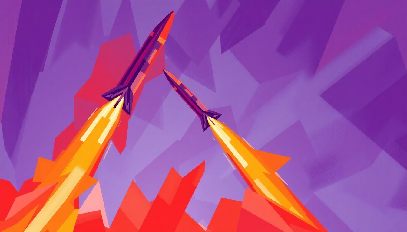 A dynamic, abstract painting of a missile or rocket in mid-flight, with the subject repeated in overlapping, fragmented geometric shapes and bursts of vibrant, clashing colors, conveying a sense of motion and conflict.