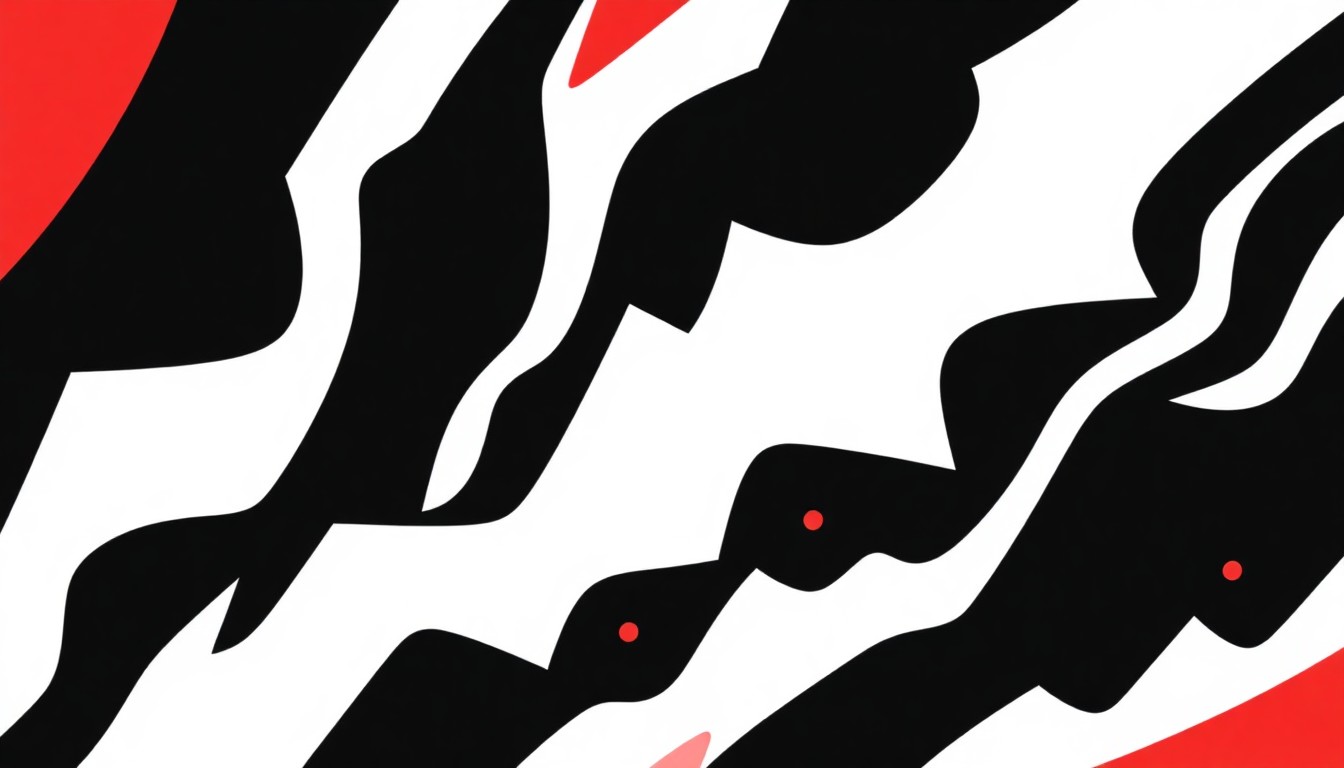 A striking abstract illustration using bold, geometric black shapes and splashes of red and white, conceptually representing the energy and variety of Buffalo's upcoming musical events.