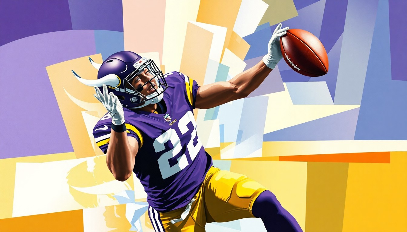 A fragmented, geometric painting depicting a football player in mid-air making a catch, with the player's form broken down into sharp, overlapping planes of vibrant purple, gold, and white colors.