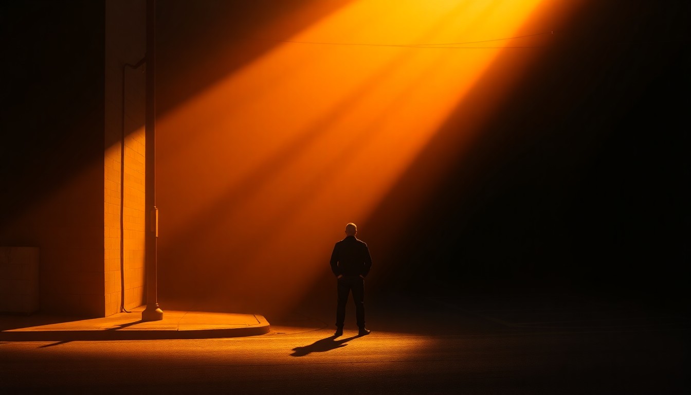 A moody, cinematic painting of a lone figure standing on a shadowy urban street corner, the warm light casting dramatic shadows and highlighting the solitary nature of the scene, conveying a sense of political isolation and uncertainty.