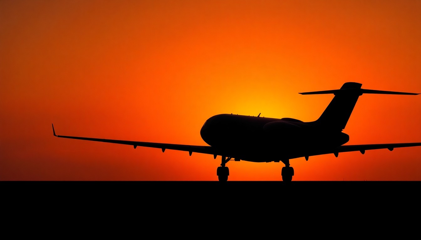 A serene, cinematic painting depicting the silhouette of a private jet against a warm, golden sunset sky, with deep shadows and a nostalgic, melancholy mood.