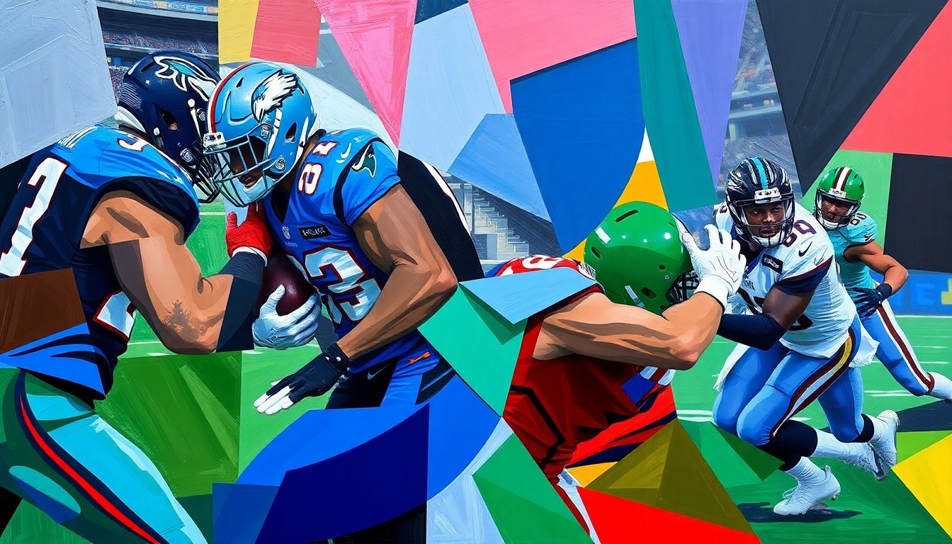 A fragmented, geometric painting depicting the intricate movements and perspectives of a cornerback in coverage, using bold, clashing colors to convey the intensity of the game.