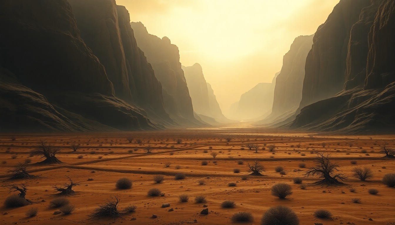 A vast, atmospheric landscape painting in muted earth tones, with a barren, cracked ground stretching out to the horizon under a hazy, backlit sky, conveying the overwhelming scale and melancholic mood of extreme drought conditions.