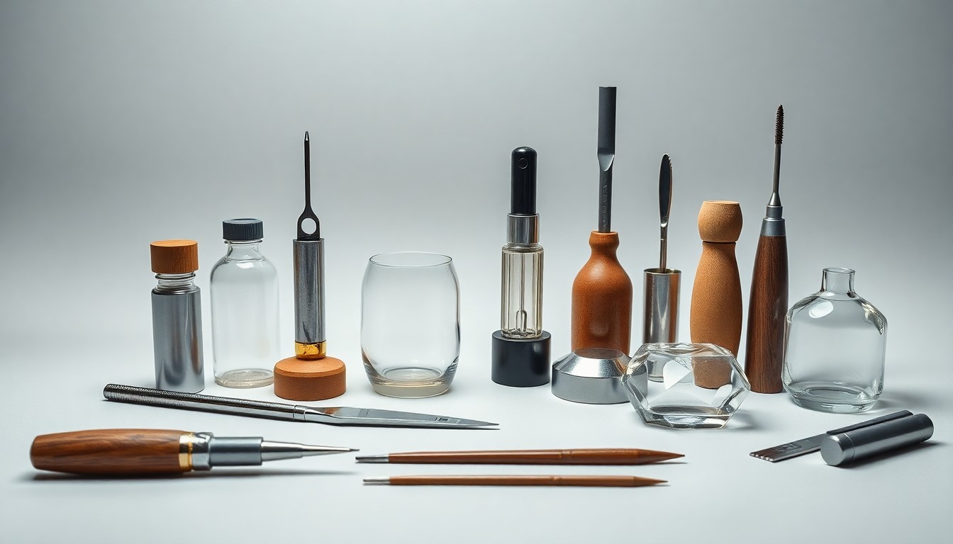 A photorealistic studio still-life featuring a collection of glass repair tools and materials arranged elegantly on a clean, monochromatic background, conceptually representing the precision and craftsmanship of the Glass Doctor's work.