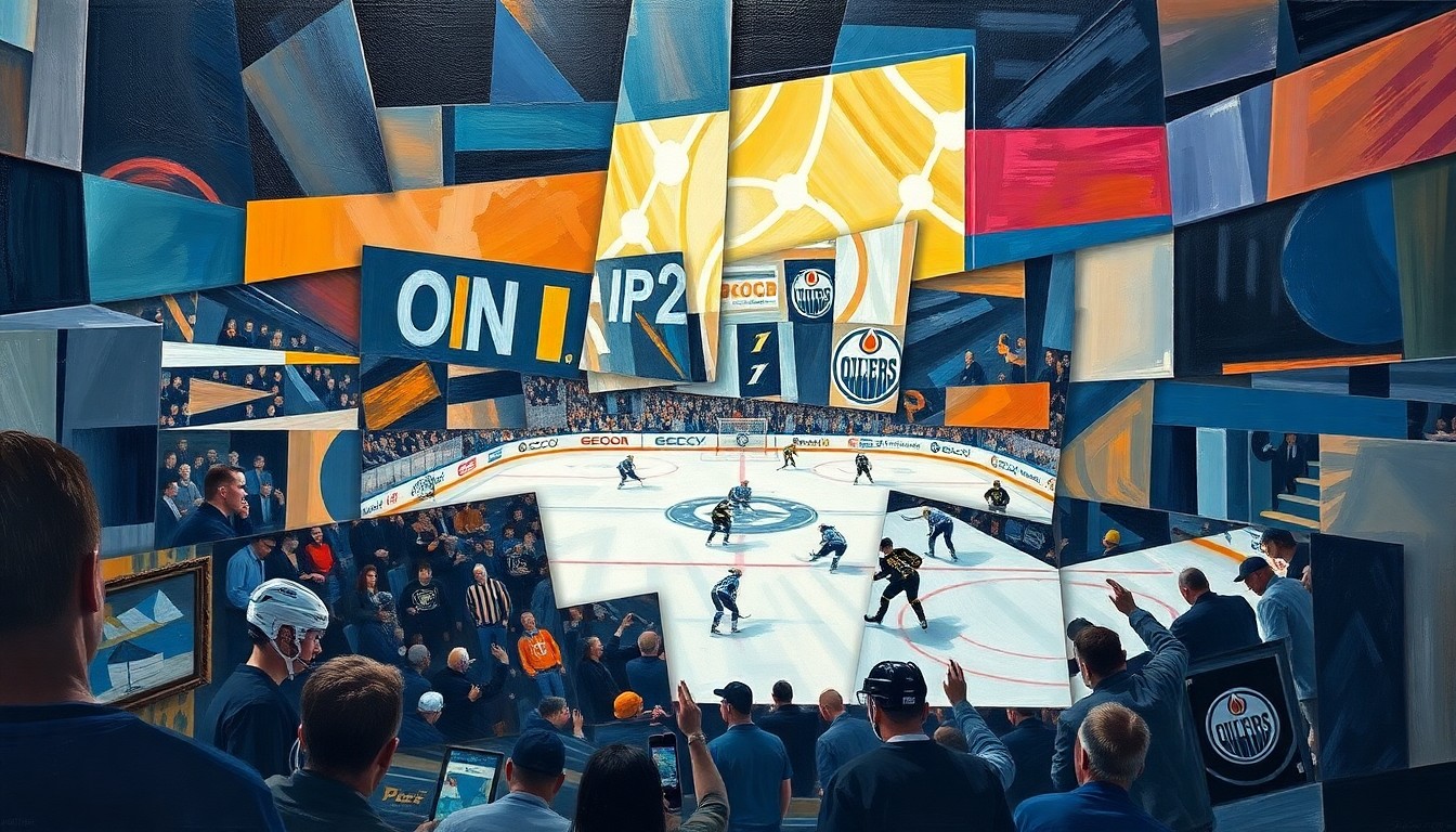A fragmented, geometric painting depicting the motion and intensity of a hockey game, with overlapping planes of color and form representing the players and the action on the ice.