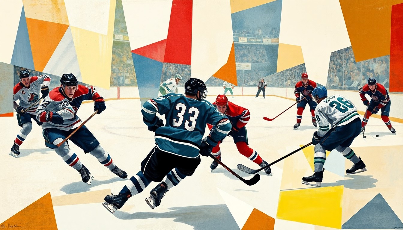 A cubist, geometric painting depicting the chaotic energy and motion of a hockey game, with players and the puck fractured into overlapping angular shapes and planes of color.