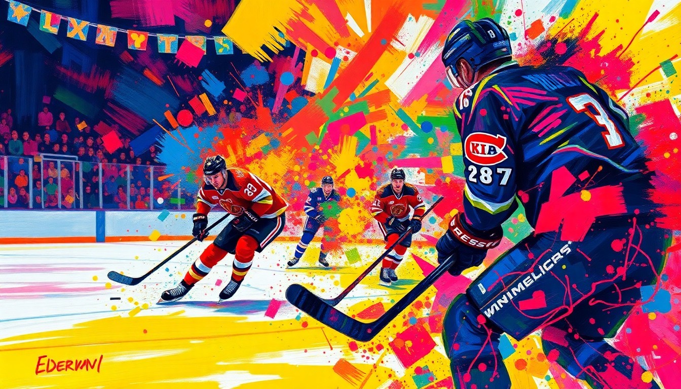 An abstract, energetic painting in vibrant neon colors, capturing the raw intensity and movement of a professional ice hockey game.