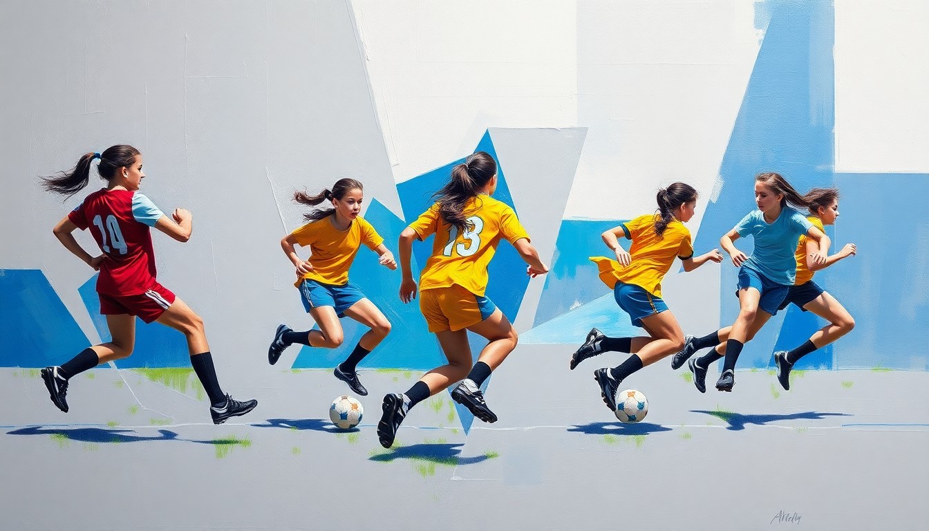A cubist-style painting depicting a girls' flag football game, with the players and field broken down into overlapping geometric shapes and planes in vibrant team colors against a muted background, capturing the energy and movement of the sport.