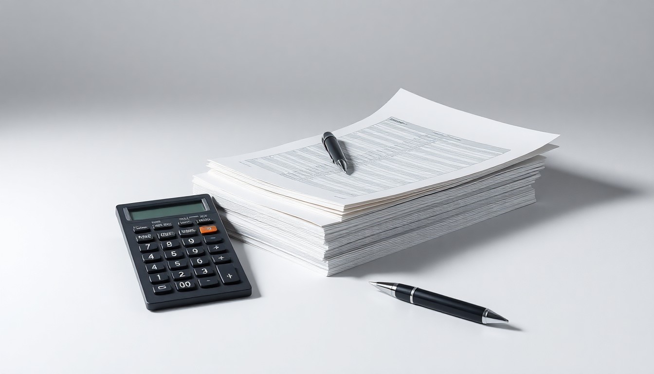 A high-end, photorealistic studio still-life photograph featuring a stack of accounting ledgers, a calculator, and a pen arranged elegantly on a clean, monochromatic background, conceptually representing the abstract corporate finance and risk associated with the Weis Markets investigation.
