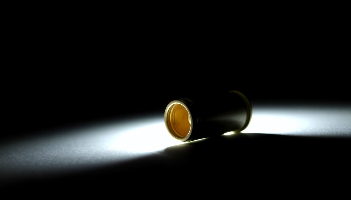 An extreme close-up photograph of a spent shell casing from a handgun, lit by a harsh, direct camera flash against a pitch-black background, conveying a stark, gritty, investigative aesthetic about a recent arrest for a reckless shooting incident.