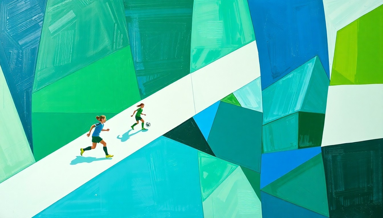 A fragmented, geometric painting depicting the action and movement of a girls' high school soccer match, with sharp planes of green, blue, and white shapes overlapping to create a dynamic, abstract composition.