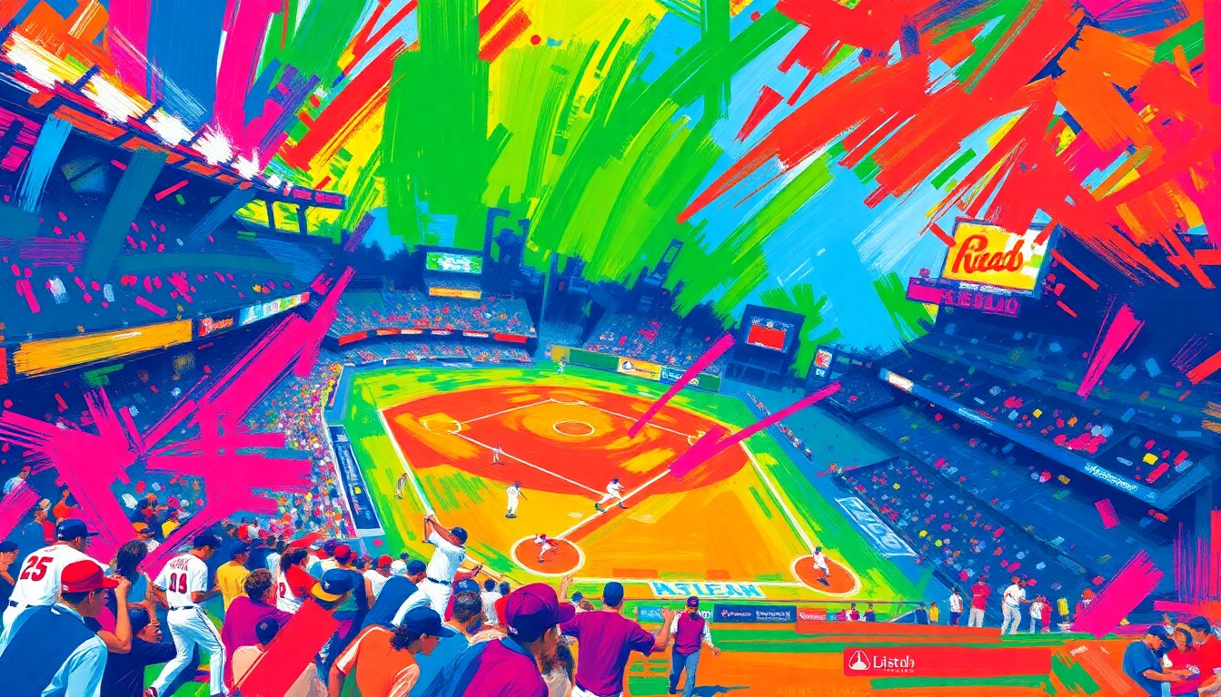 An abstract, expressionist painting in neon colors depicting the dynamic motion and energy of a baseball game, with no recognizable figures or logos.