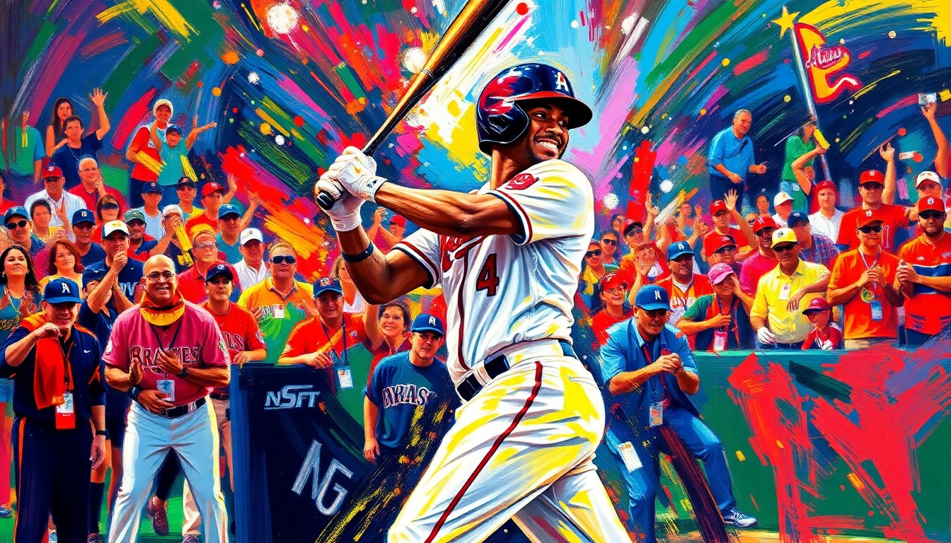 An expressionist painting in vibrant neon colors depicting the explosive energy and celebratory emotion of a baseball player hitting a game-winning home run.