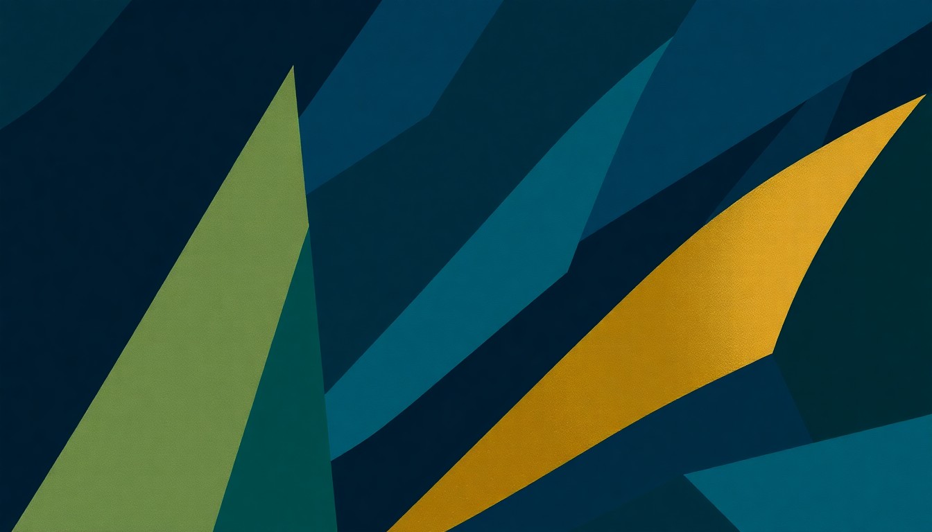 An abstract illustration featuring sharp, angular shapes in deep blue, forest green, and muted gold, conveying the energy and emotion of a classical music performance.