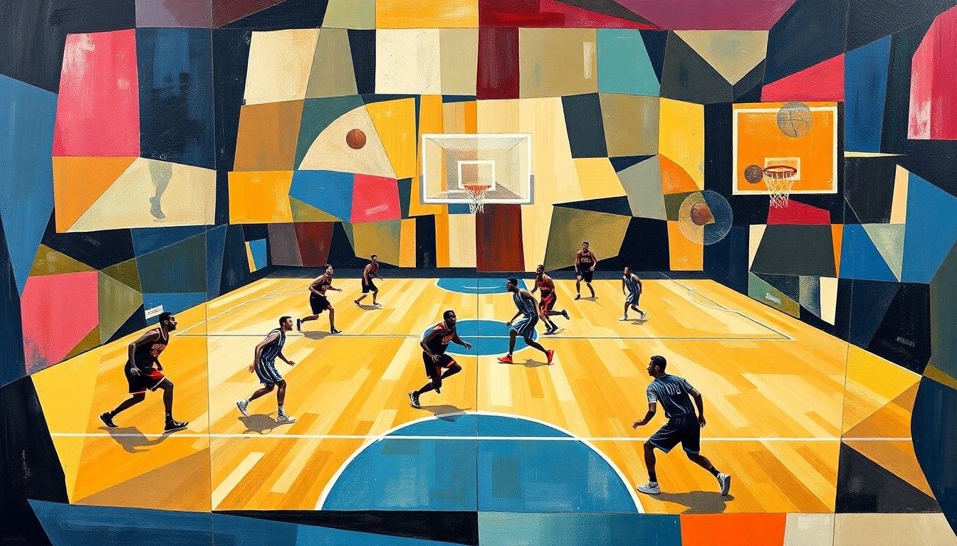 A cubist, geometric painting depicting the dynamic movements and plays of a basketball game, with the players and court rendered in a fractured, abstract style.