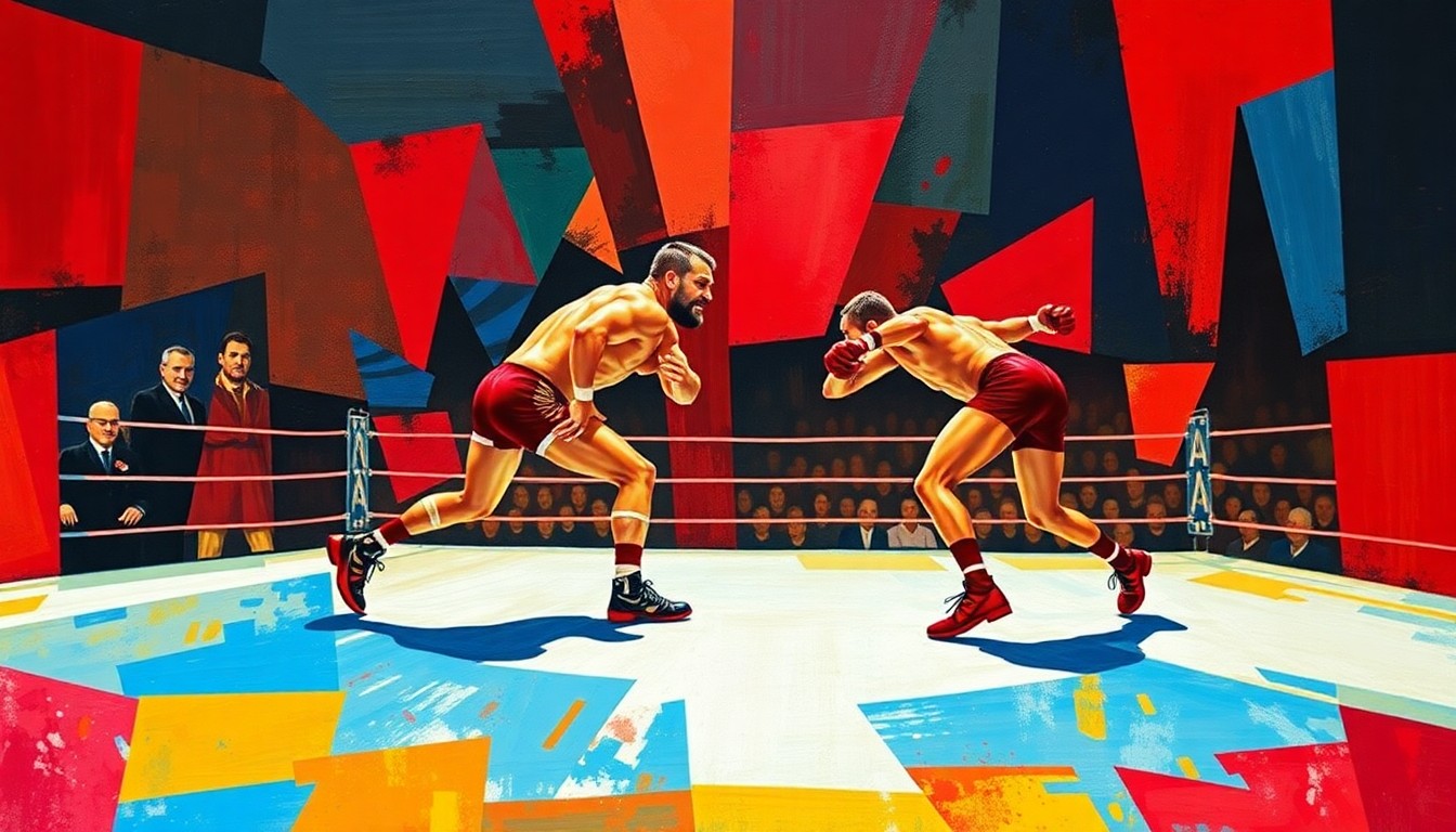 A cubist, geometric painting depicting an AAA wrestling match, with sharp, overlapping planes of color representing the dynamic action and competition in the ring.