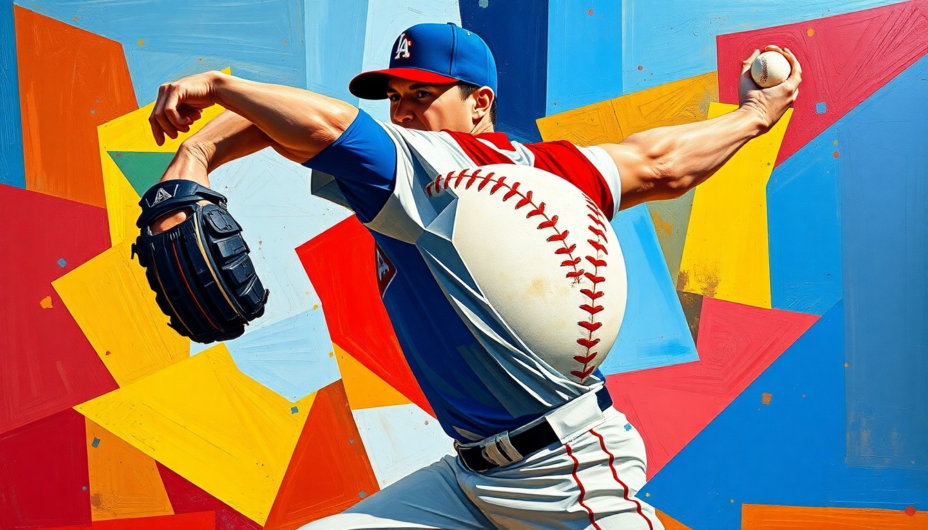 A fractured, multi-perspective painting depicting a baseball pitcher's motion, with the pitcher's body broken down into sharp, overlapping geometric shapes in vibrant colors like cobalt blue, crimson red, and golden yellow, capturing the dynamic energy of the sport.
