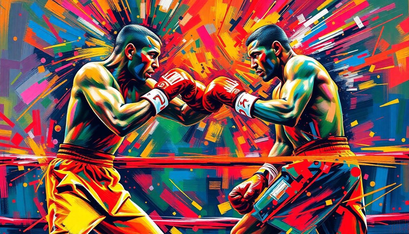 An abstract, expressionist painting in vivid neon colors, with blurred figures representing two boxers engaged in an intense match, conceptually capturing the raw energy and intensity of the fight.