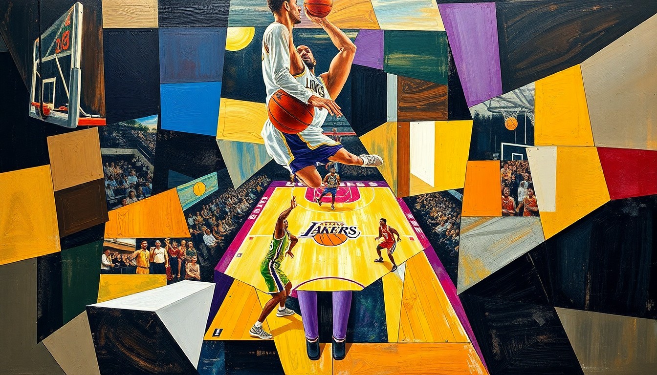 A cubist, geometric painting depicting a basketball game or match, with sharp, overlapping planes of color and form representing the dynamic action on the court.