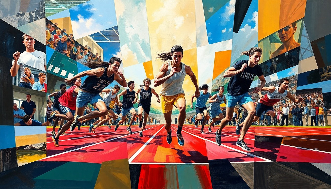 A cubist, geometric painting depicting the fractured movements and perspectives of high school track and field athletes in competition, with sharp planes of color and form conveying the dynamic energy of the event.