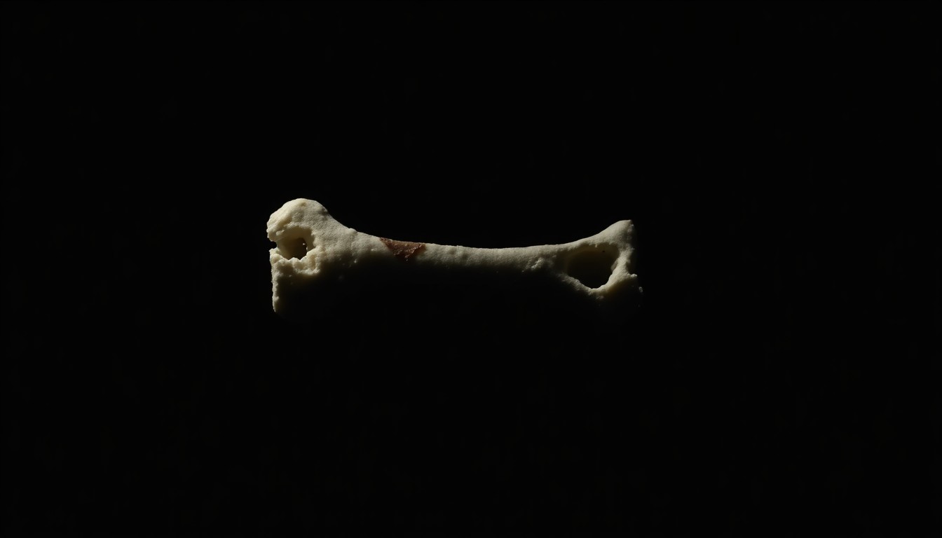 An extreme close-up photograph of a single bone fragment or piece of evidence from the Mark Smith cold case, lit by a harsh, direct camera flash against a pitch-black background, conveying a stark, gritty, investigative aesthetic.