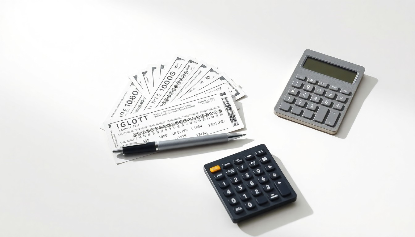 A photorealistic studio still life featuring a collection of lottery tickets, a pen, and a calculator arranged on a clean white background, conveying the abstract concepts of luck, risk, and financial strategy.