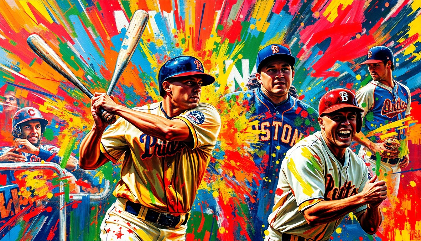 An abstract, energetic painting featuring bold brushstrokes of neon orange, electric blue, and vibrant yellow, capturing the intensity and excitement of a walk-off baseball moment.