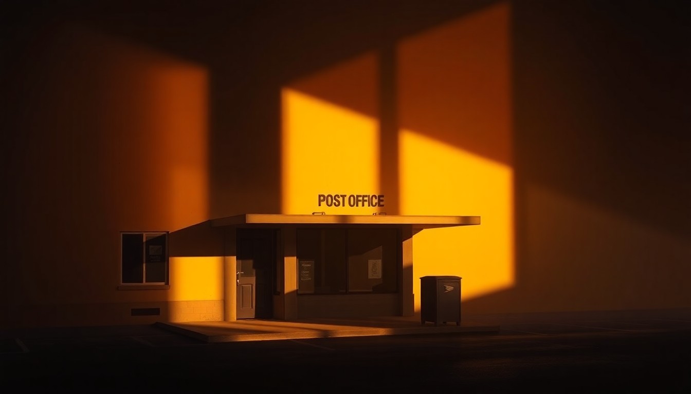 A quiet, cinematic painting of an empty post office building in warm, golden sunlight and deep shadows, conveying a sense of abandonment and melancholy.