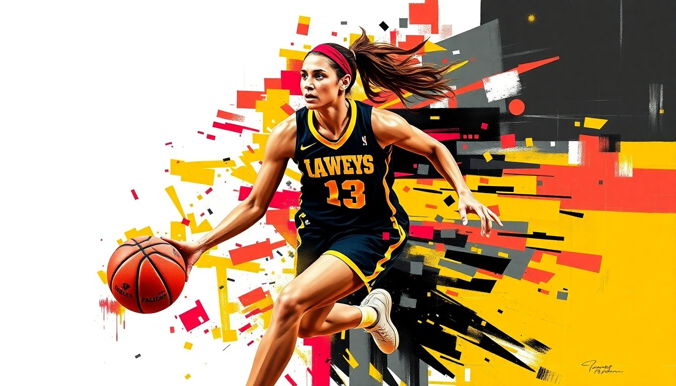 A fragmented, cubist-style painting depicting a women's basketball player in motion, with sharp geometric shapes and planes in the Hawkeyes' official colors of black, gold, and crimson.