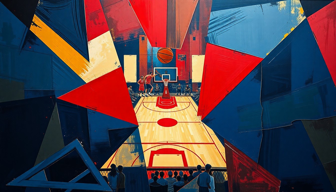 A fragmented, cubist-style painting depicting a basketball game, with the players and court broken down into sharp, overlapping geometric shapes in deep blue, crimson, and gold tones, conveying a sense of tension and uncertainty around the Mavericks' ownership transition.