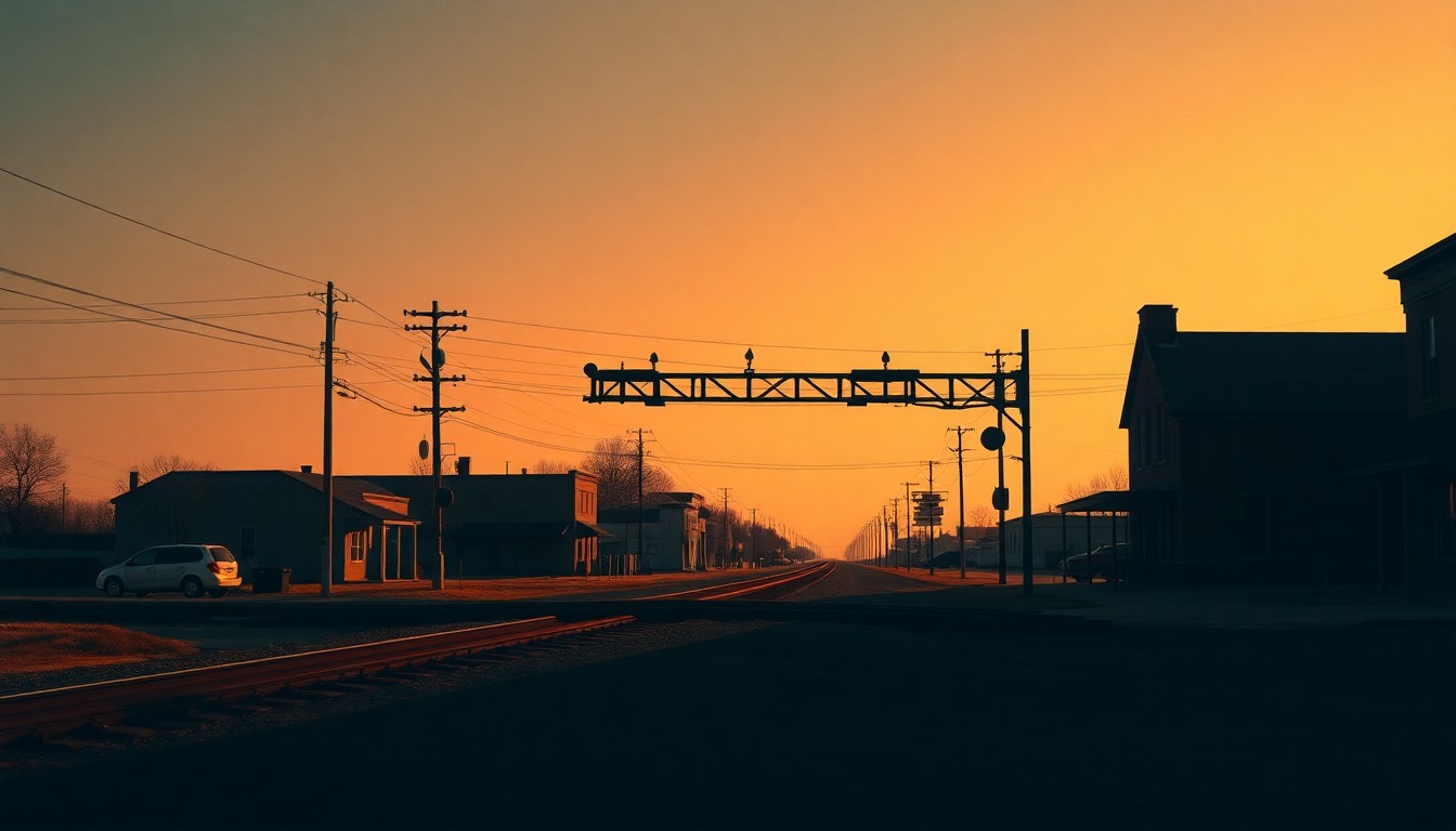 A cinematic painting of a solitary railroad crossing in a small Midwestern town, with warm sunlight and deep shadows creating a sense of quiet contemplation around the empty intersection.