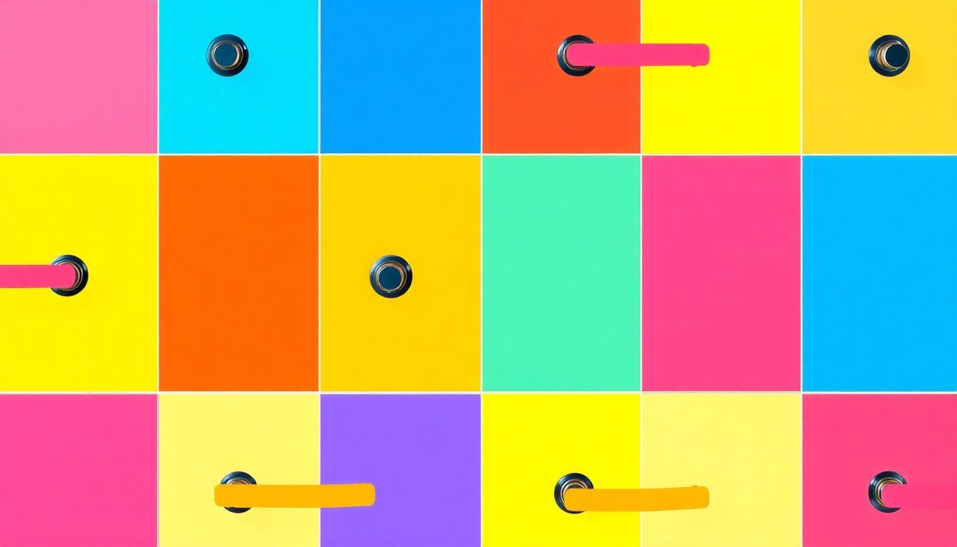 A highly stylized, abstract grid of neon-colored, silkscreen-printed shower door handles, conceptually representing the customized, minimalist bathroom fixtures offered by White Bear Glass.