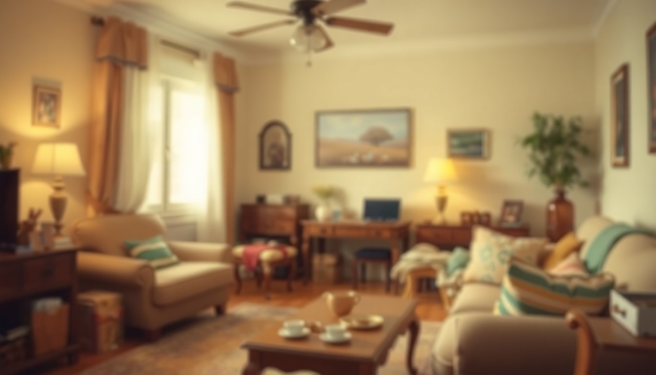 A softly focused, abstract photograph in warm tones depicting a cozy living room scene with hints of personal items, conceptually representing the emotional weight of downsizing a lifetime's worth of possessions.