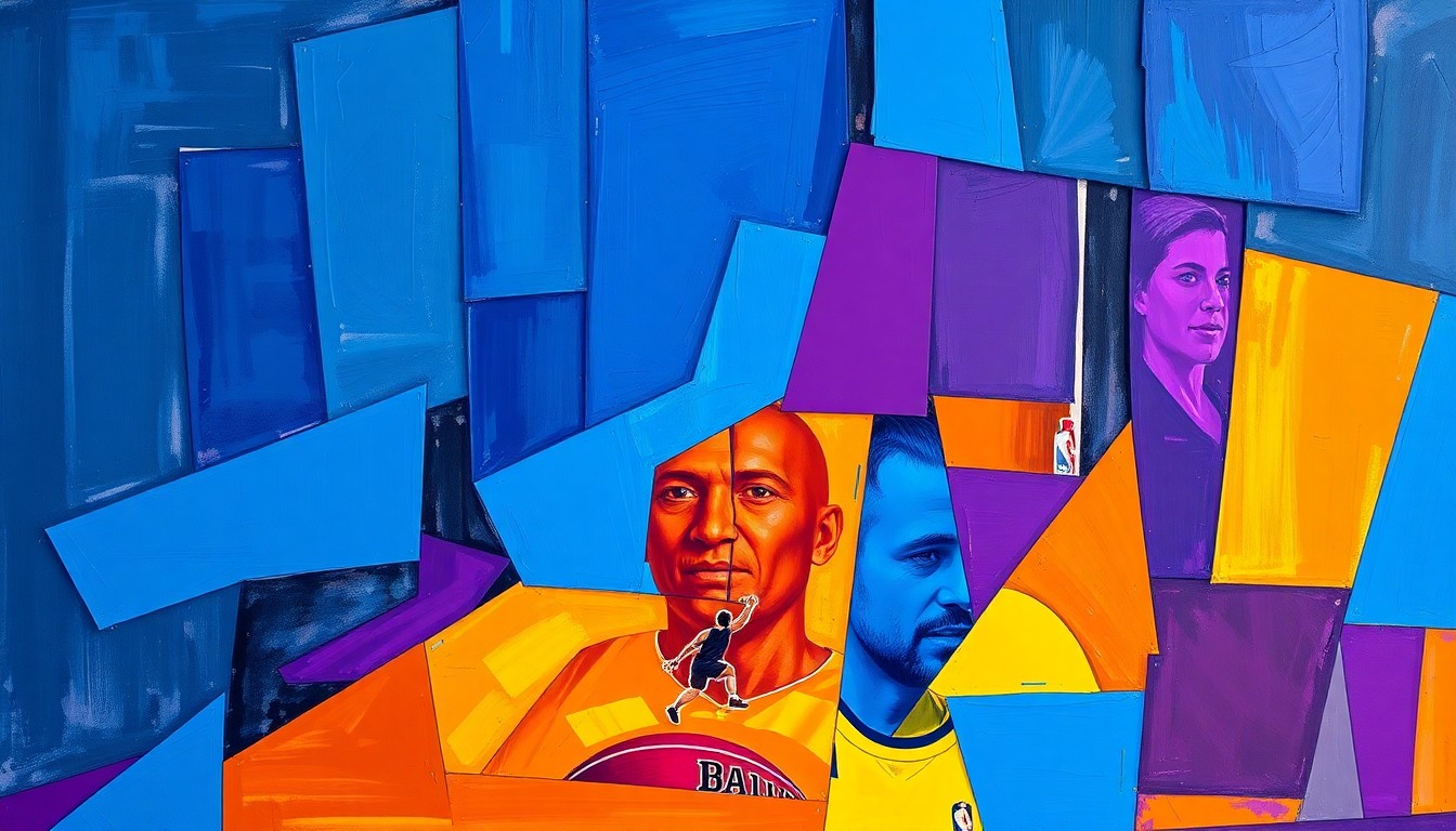 A fractured, cubist-style painting depicting the dynamic movements and energy of a basketball game, with sharp geometric shapes and planes in vibrant colors representing the transition and transformation of the Utah State Aggies program.