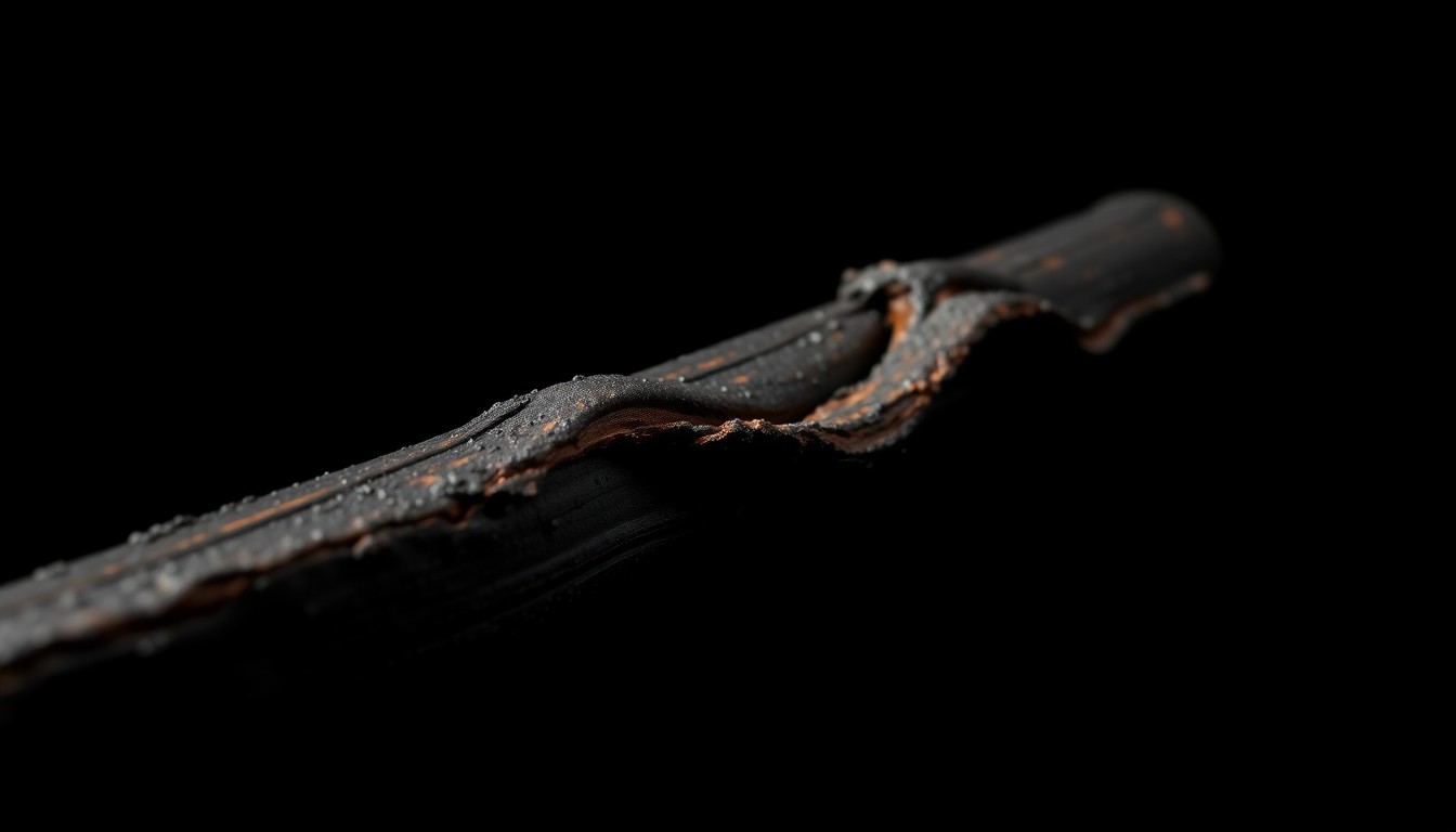 An extreme close-up photograph of a charred, twisted piece of porch railing, conceptually illustrating the aftermath of a residential fire.