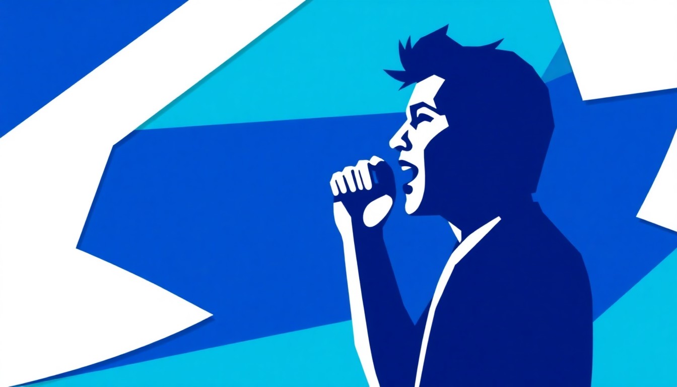 An abstract composition using bold, geometric shapes in shades of blue, green, and white to represent the concept of a singer competing on a televised talent show.