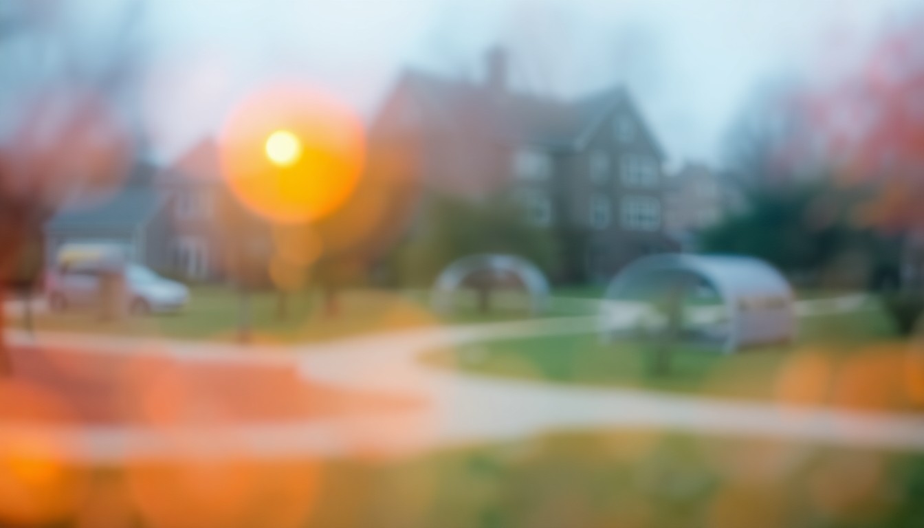 An abstract, impressionistic photograph of a blurred, hazy scene depicting the soft, warm colors and textures of a neighborhood park or recreation area, conveying a sense of nostalgia and the potential loss of a beloved community space.