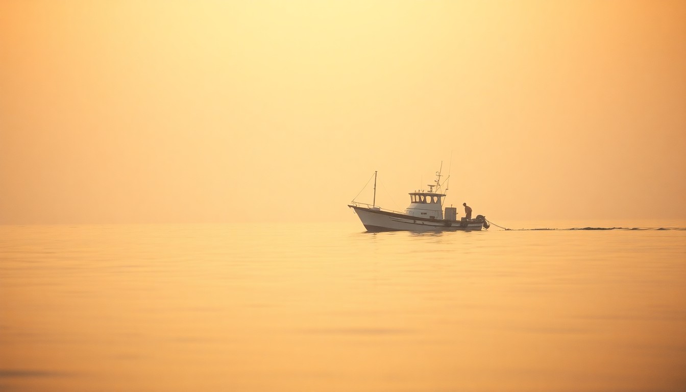 An abstract, out-of-focus photograph in warm, golden tones depicting the silhouette of a fishing boat on a calm, reflective ocean surface, conveying the tranquil and atmospheric mood of the halibut season opening.