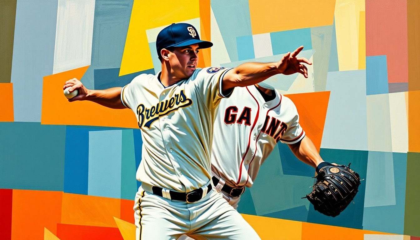 A fragmented, geometric painting depicting a baseball outfielder in motion, with sharp planes of color representing the Brewers and Giants uniforms.