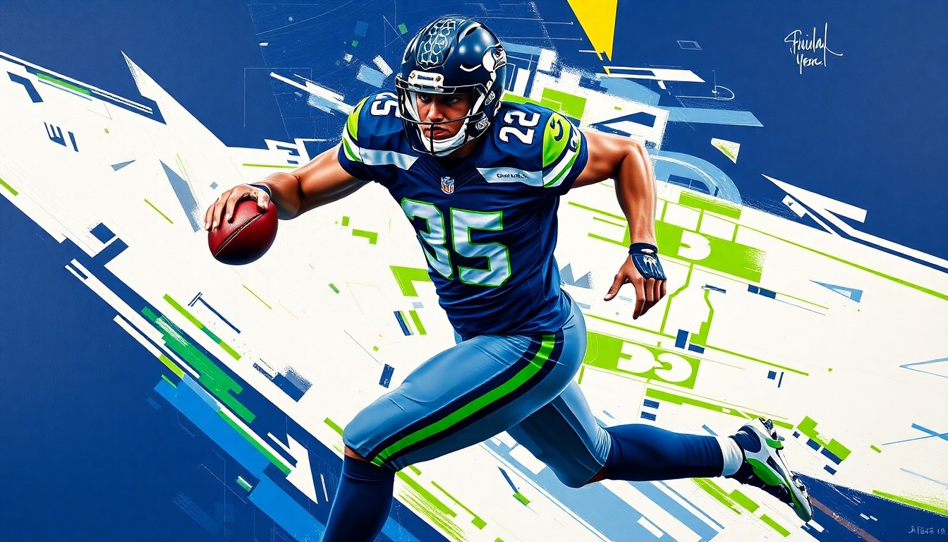 A fragmented, geometric painting depicting a football player in motion, with sharp planes of navy blue, neon green, and white representing the Seattle Seahawks' uniform colors.