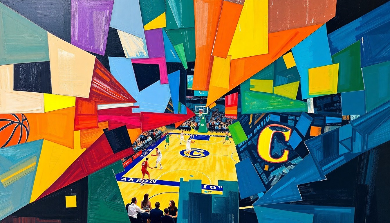A cubist, geometric painting depicting a basketball game or match, with sharp, overlapping planes of color representing the dynamic action on the court.