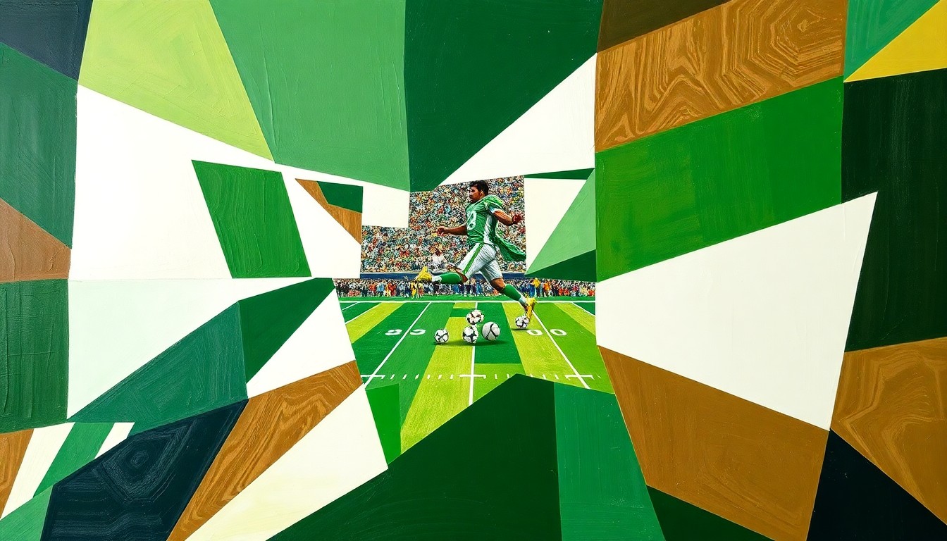 A cubist, geometric painting depicting a fragmented football game, with overlapping planes of green, white, and brown representing the field, players, and officials, conveying the conceptual disruption of the sport's officiating.
