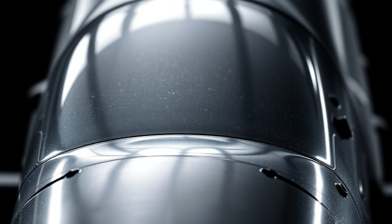 An abstract close-up photograph of the shiny, metallic surface of an Apache helicopter rotor blade, captured in dramatic, high-contrast lighting to create a glamorous, high-fashion aesthetic.