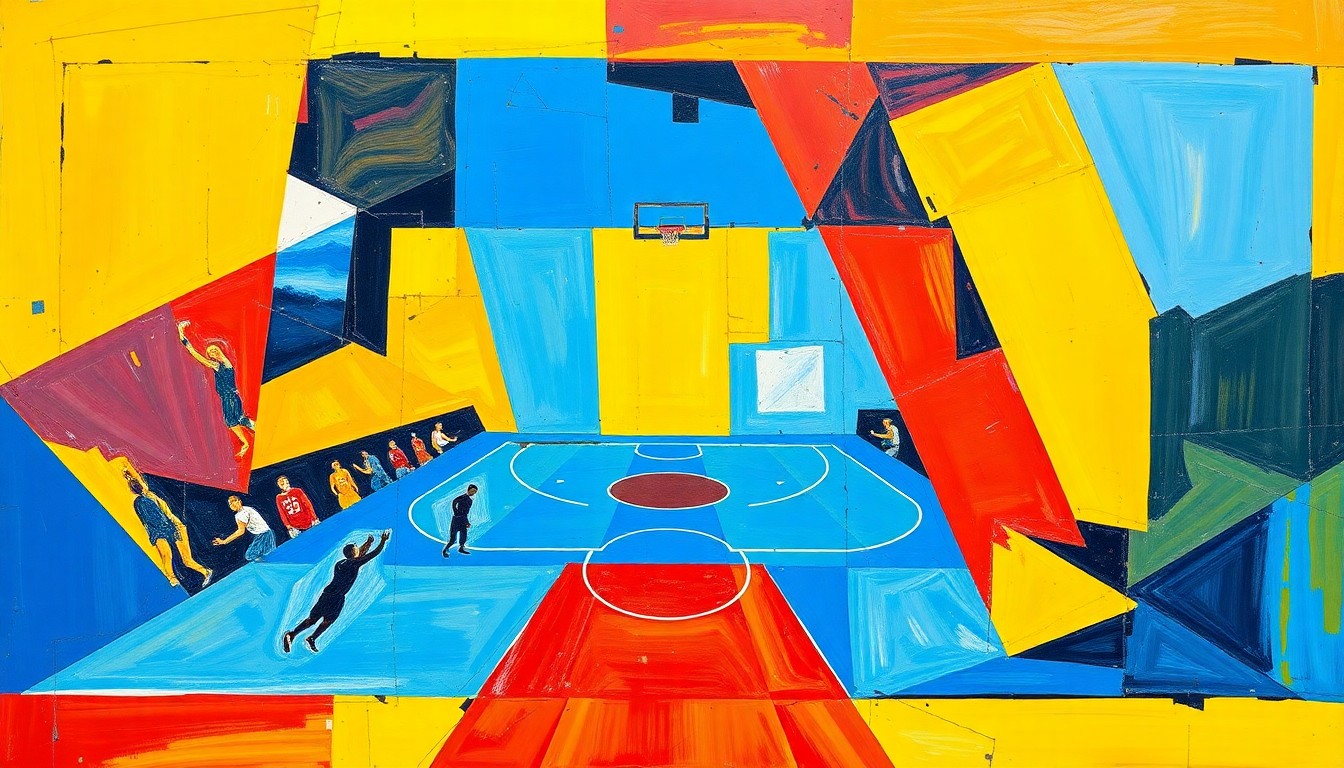 A fragmented, geometric painting in bold colors depicts the motion and intensity of a basketball game, representing the conceptual shift of a top player leaving one team for another.