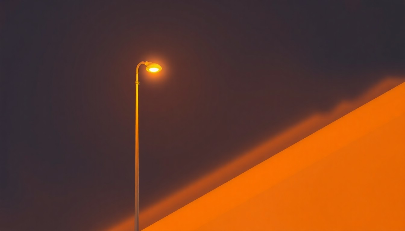 A serene, cinematic painting of a lone city street lamp casting long shadows on an empty sidewalk, conveying a sense of quiet urban melancholy and the political tensions around housing policy.