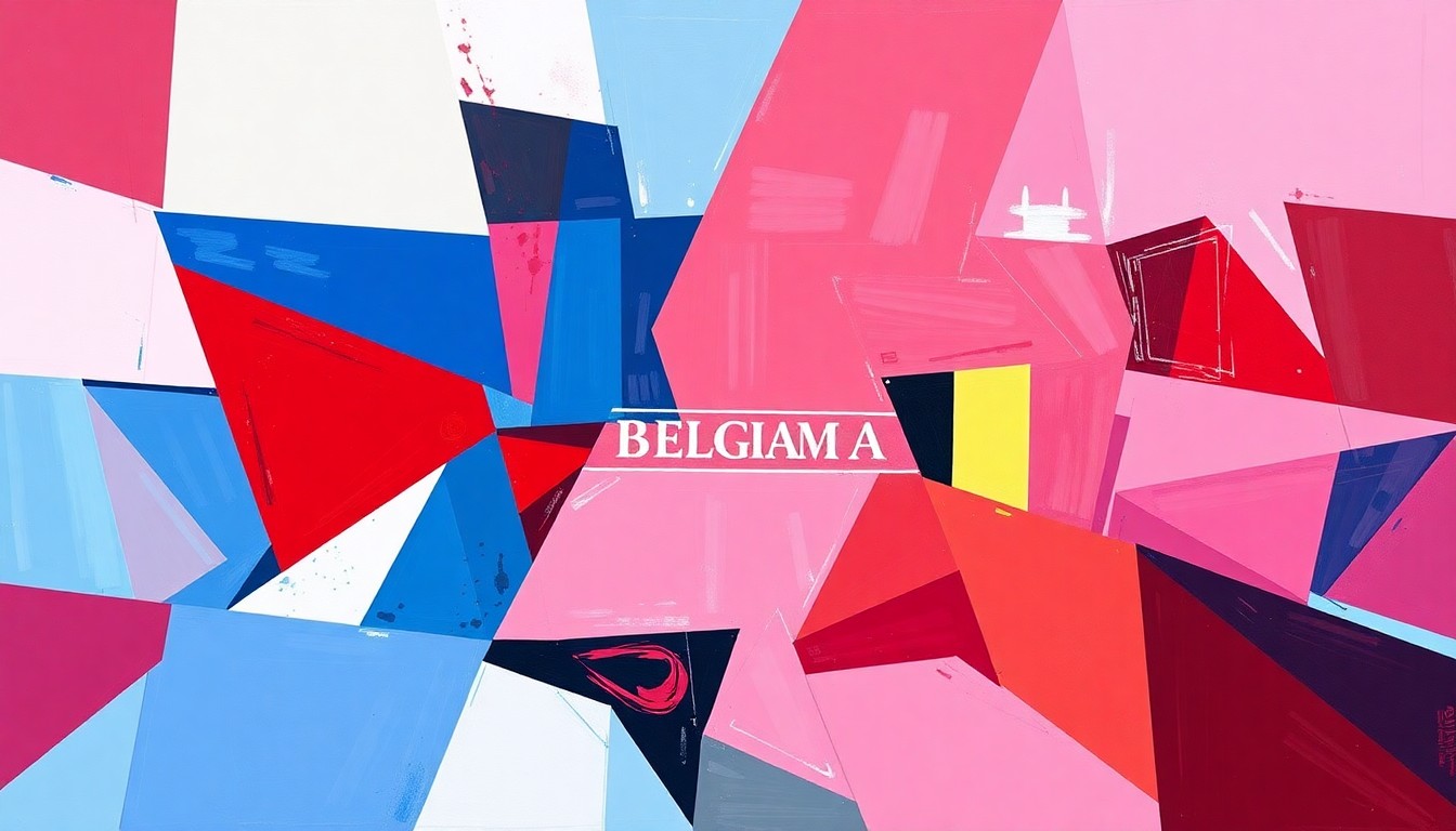 A fragmented, cubist-style painting depicting the soccer match between the USMNT and Belgium, with the players and field broken down into sharp, overlapping geometric shapes in a palette of red, white, blue, and pink, conceptually representing the confusion caused by the similar kit designs.