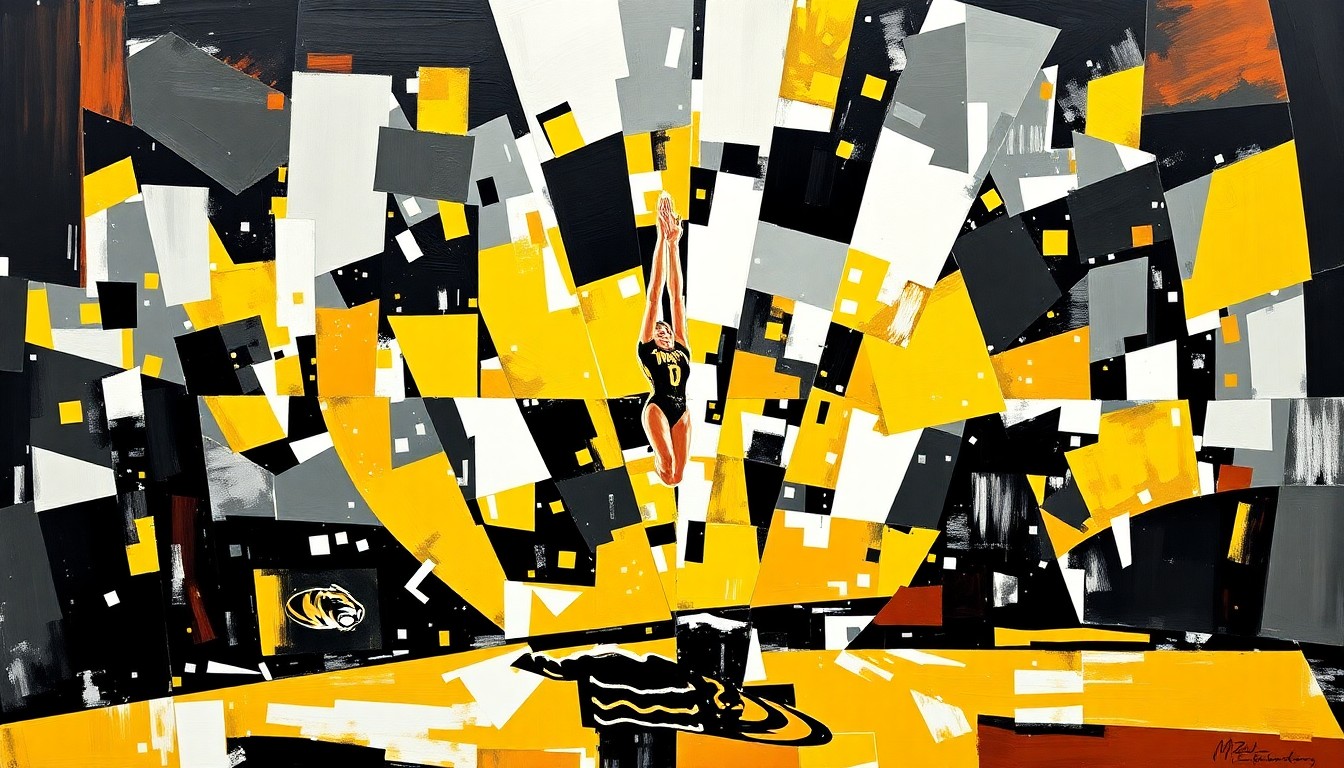A fractured, multi-perspective painting in bold, geometric shapes and Mizzou's team colors, conceptually representing the dynamic and innovative nature of the gymnastics program.
