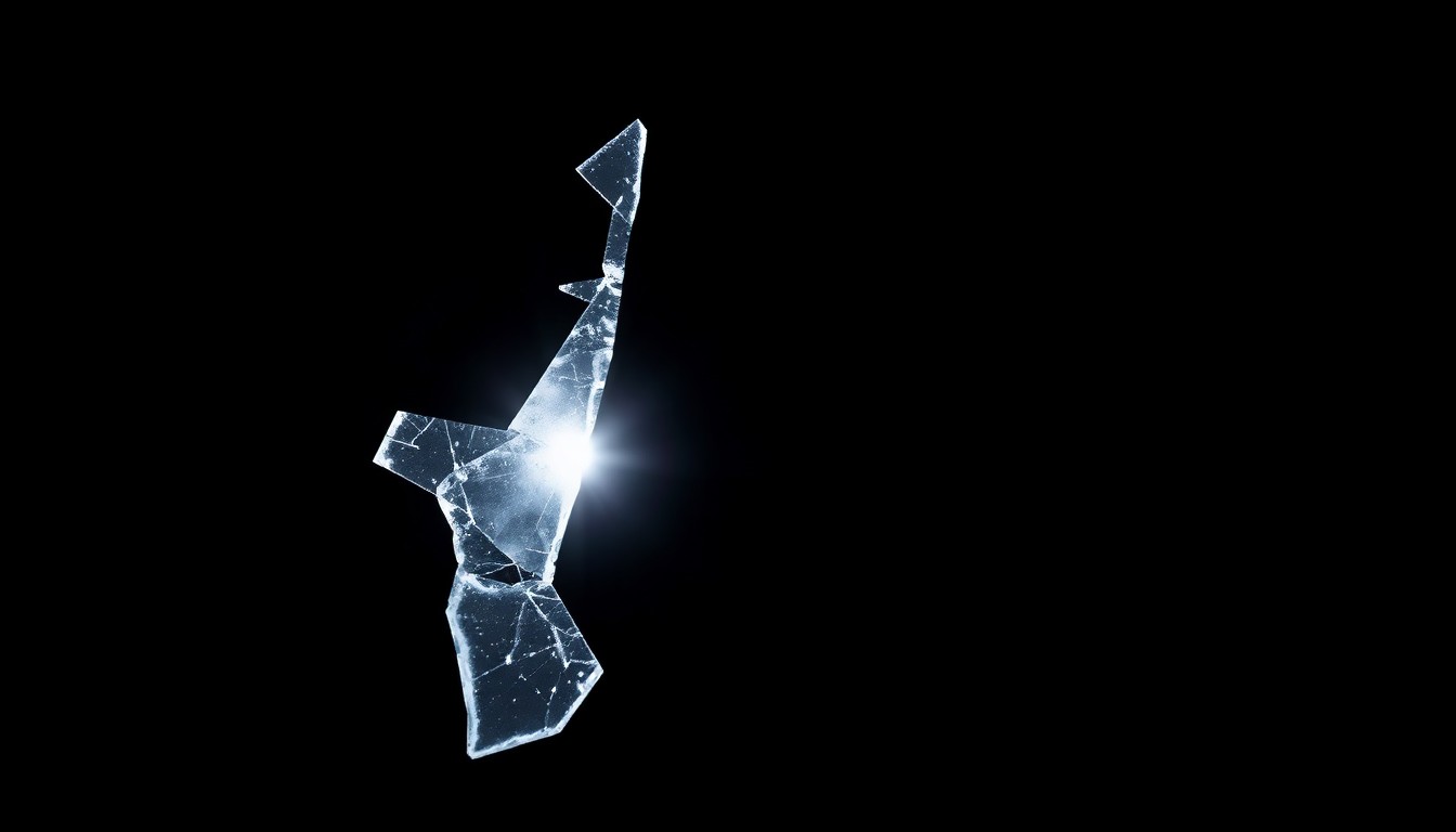 An extreme close-up of a jagged, broken glass shard reflecting a harsh, direct camera flash, conceptually representing the dangerous weapon involved in a police shooting during a mental health emergency.