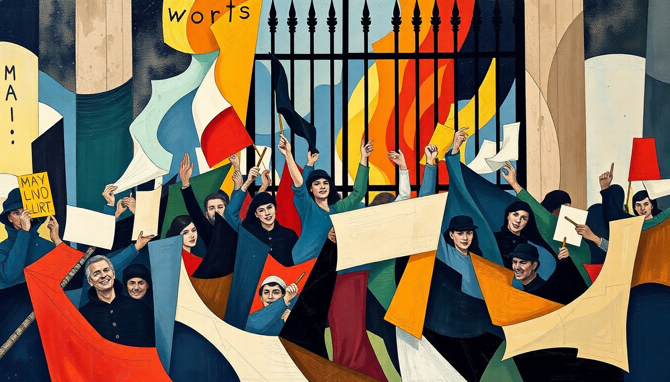 A vibrant, abstract painting with overlapping geometric shapes and waves of bold colors, conceptually representing the chaotic confrontation between protesters and federal agents at an immigration enforcement facility.